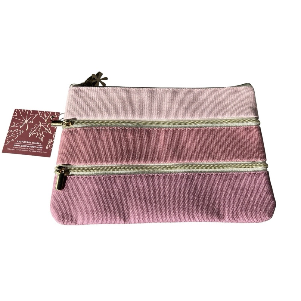 Erin Condren Triple Zipper Pouch NWT Raspberry Ombre Canvas Pencil Planner Case